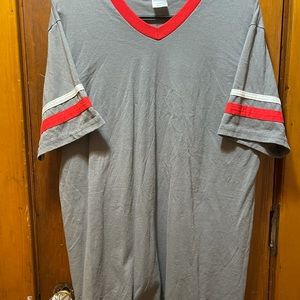 Large scarlet and gray V neck